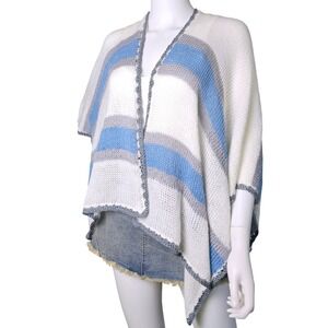 Striped Knit Poncho‎ Cape Cover Up One Size Blue Gray White Layering Women